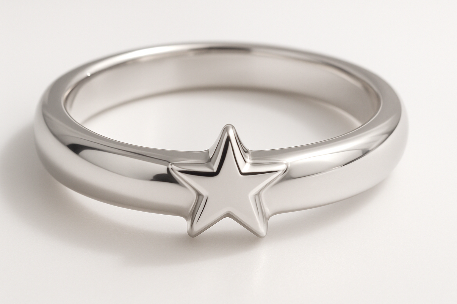 A close-up of an elegant silver ring with a smooth, polished surface, featuring a star-shaped charm in the center. The ring has a minimalist and modern design, reflecting light with a glossy metallic finish. The background is clean and white, giving a luxurious and celestial feel.